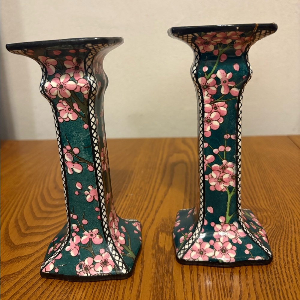 Royal Dalton Prunus Square Candlestick D3833 Dark Green with Pink Flowers